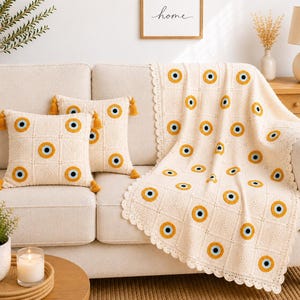 Crochet Evil Eye Pillow Cover & Throw Blanket Set – Handmade Yellow Boho Decor