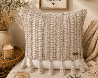 Handmade Crochet Zigzag-Stitched Tasseled Pillowcase, A Natural and Stylish Touch in Milk Coffee