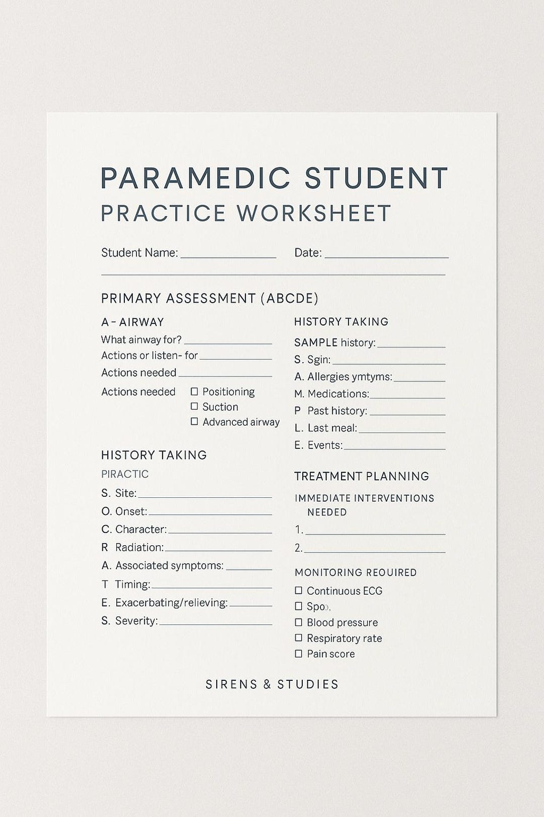 UK Paramedic Assessment Template Bundle | Student Practice Worksheet ...