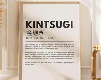 Kintsugi Wall Art, Japanese Definition Poster, Motivational Quote Print, Digital Download, Home Office Decor