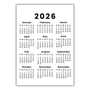 Peut inclure: Un calendrier blanc pour l'année 2026, de conception simple. Il affiche les mois de janvier à décembre, avec les jours de chaque mois disposés en grille. L'année 2026 est affichée en évidence en haut.