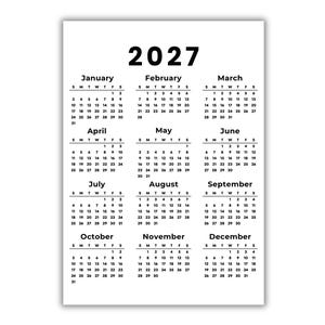 Druckbarer Kalender 2027, einseitiger Jahreskalender mit Montag- und Sonntagsbeginn, Wandkalender zum sofortigen Download