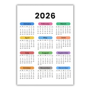May include: A 2026 calendar with each month displayed on a separate row. Each month is in a different color, with the month's name at the top. The calendar is on a white background.