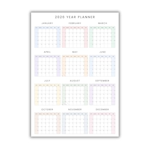 May include: A white 2026 year planner featuring monthly calendars. Each month has a different pastel colour border. The months are January, February, March, April, May, June, July, August, September, October, November, and December.
