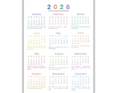 Colorful Calendar 2026 Printable, Minimalist One Page 12 Month Wall Calendar with Motivational Quotes