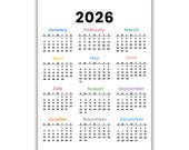 2026 Calendar, Printable One Page Full Year Calendar, Sunday & Monday Start, Instant Download