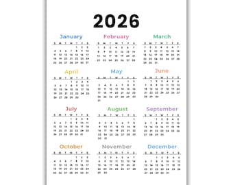 2026 Calendar, Printable One Page Full Year Calendar, Sunday & Monday Start, Instant Download