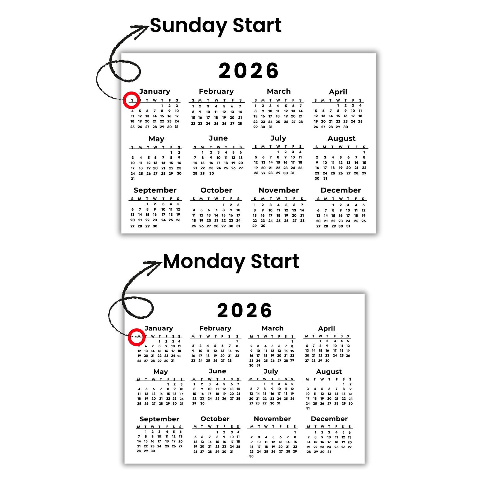 Landscape Calendar 2026 Printable One Page Full Year US Letter A4 A3 A5 ...