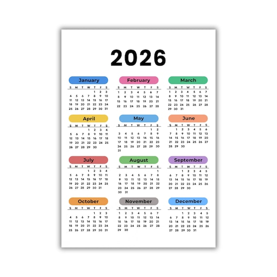 2026 yearly calendar, One Page Full Year Monday & Sunday Start Wall Calendar Instant Download
