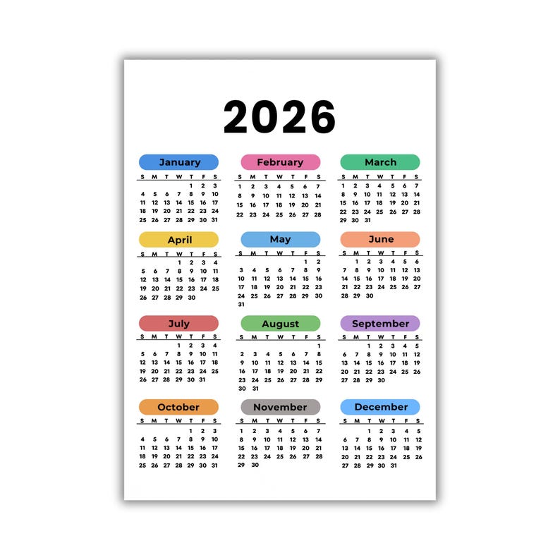May include: A 2026 calendar with each month displayed on a separate row. Each month is in a different color, with the month's name at the top. The calendar is on a white background.