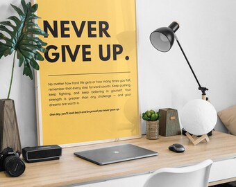 Póster motivacional imprimible con arte de pared inspirador: "Nunca te rindas" para decorar tu hogar y oficina.