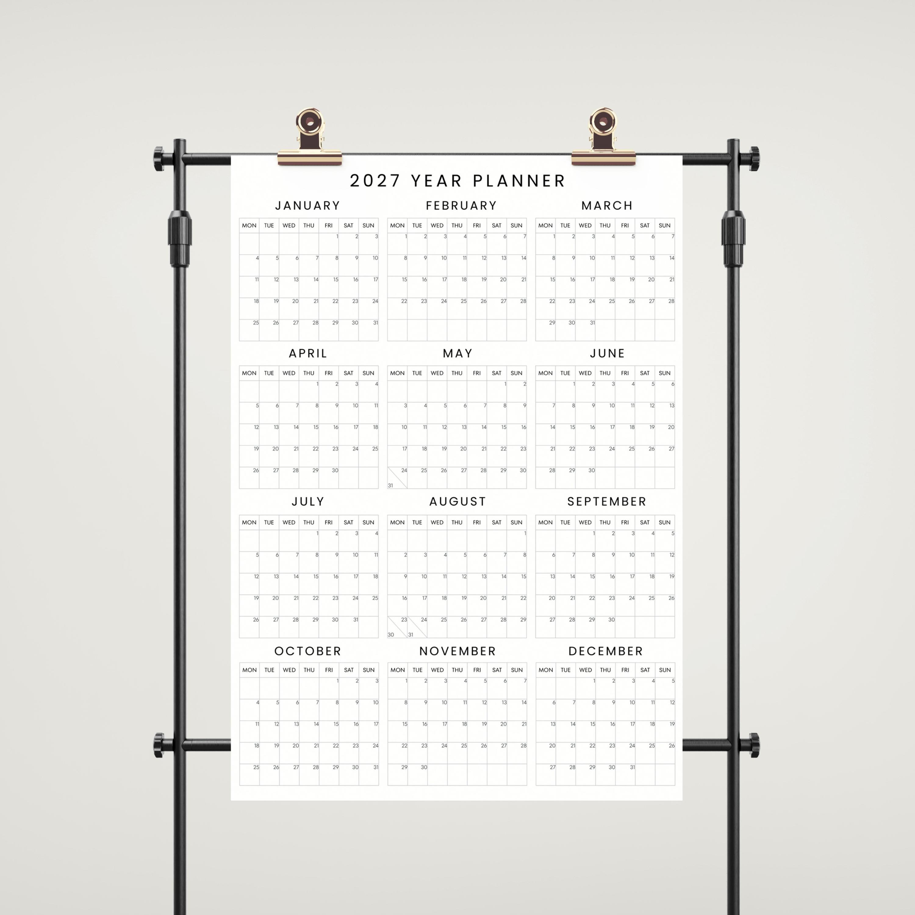 2027 Planner Printable One Page Year at a Glance Large Wall Calendar