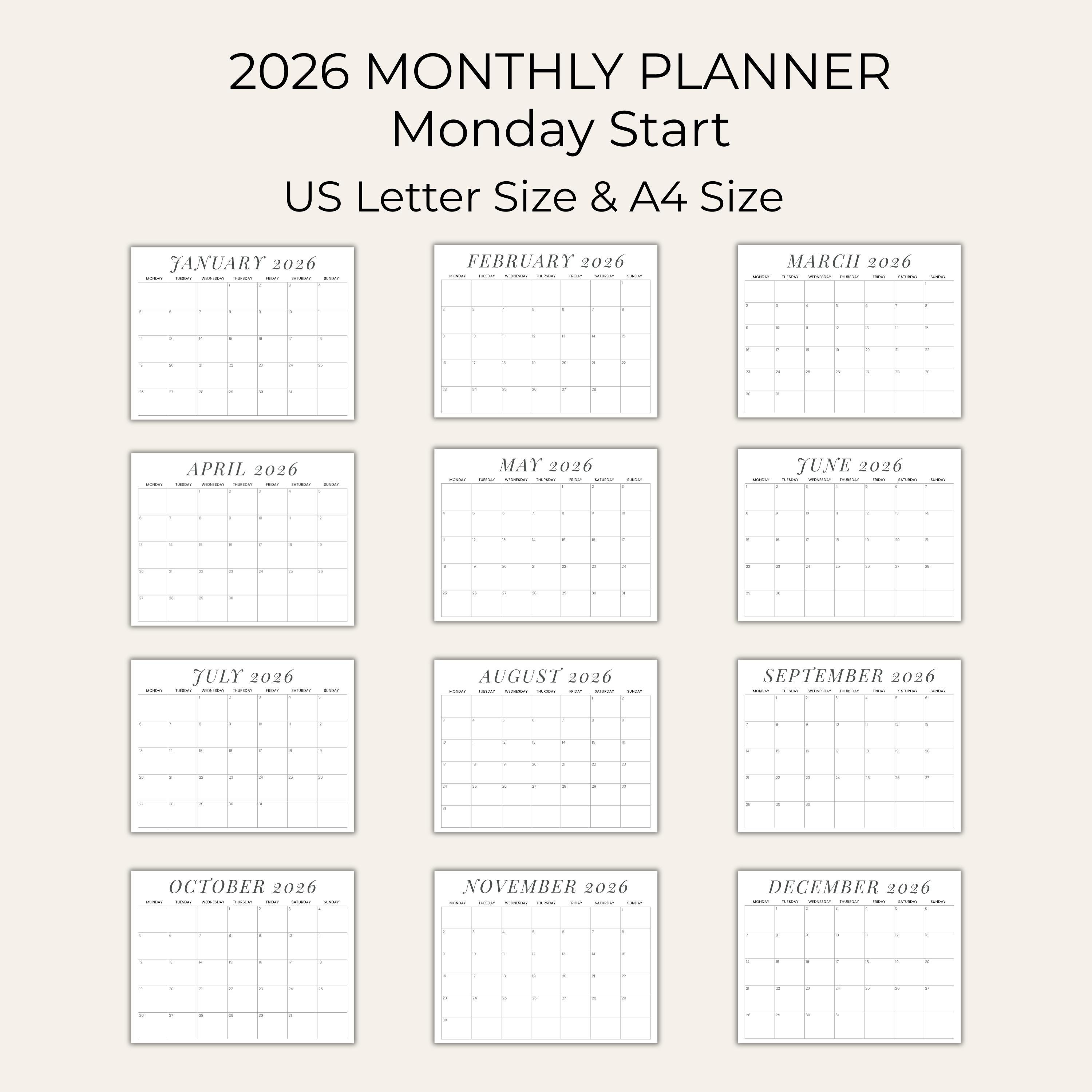 Printable Calendar 2026 Minimalist Monthly Planner 2026 Landscape