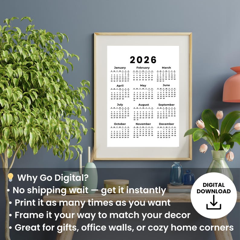 Printable Calendar 2026, One Page Full Year Monday &amp; Sunday Start Wall ...
