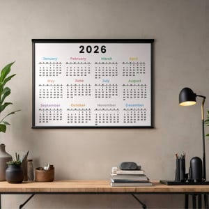 2026 Year at A Glance Wall Calendar, Monday & Sunday Start Printable ...