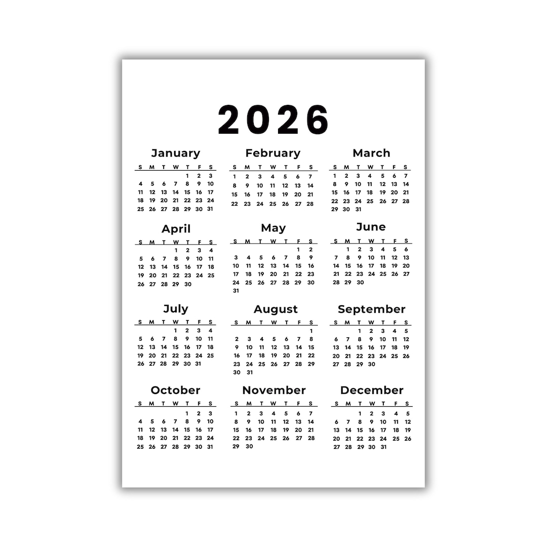 Printable Calendar 2026, One Page Full Year Monday & Sunday Start Wall ...