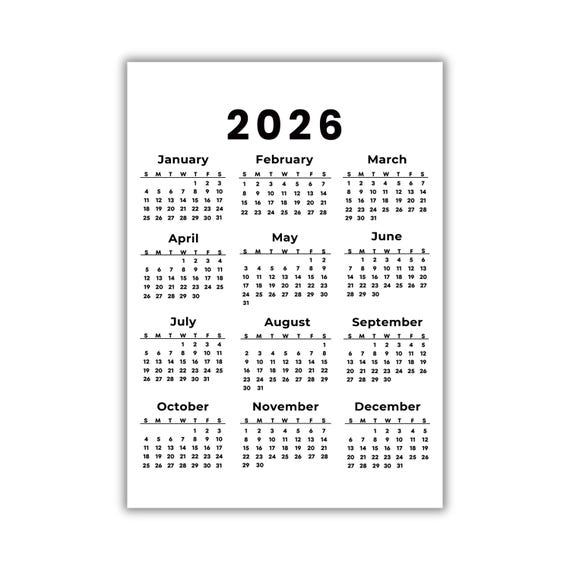 Printable Calendar 2026, One Page Full Year Monday & Sunday Start Wall Calendar Instant Download