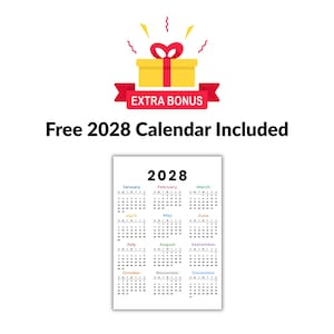 May include: A graphic illustration featuring a yellow gift box with a red ribbon and the text EXTRA BONUS. Below this, the text Free 2028 Calendar Included appears above a white 2028 calendar page displaying all twelve months in a grid format.