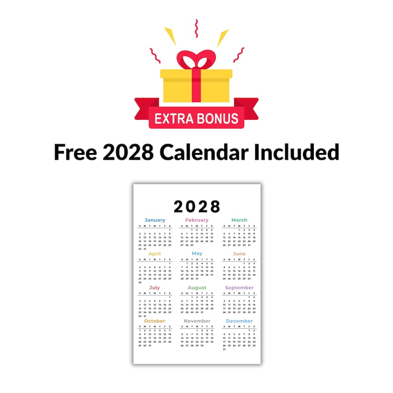 May include: A graphic illustration featuring a yellow gift box with a red ribbon and the text EXTRA BONUS. Below this, the text Free 2028 Calendar Included appears above a white 2028 calendar page displaying all twelve months in a grid format.