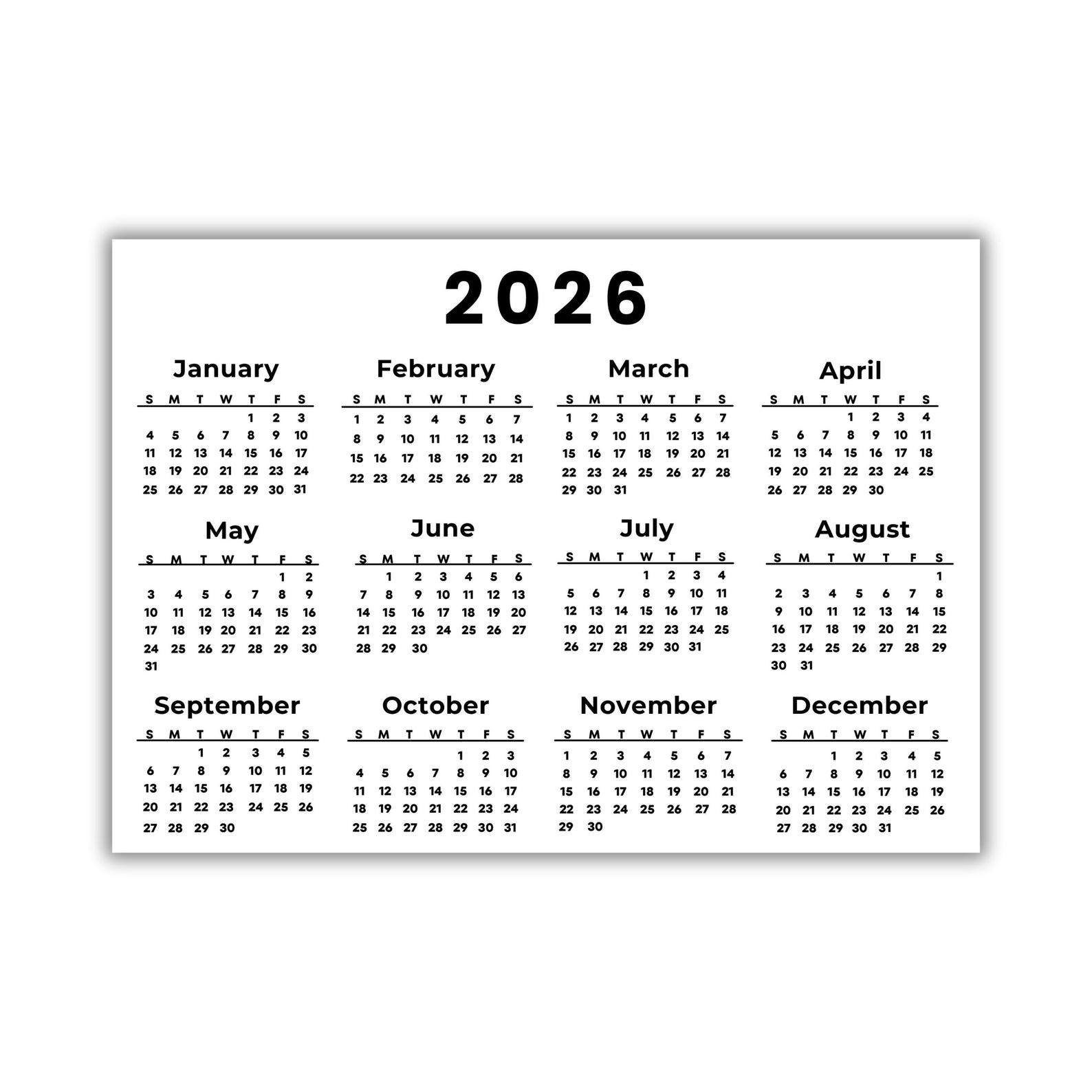 Landscape Calendar 2026 Printable One Page Full Year US Letter A4 A3 A5 ...