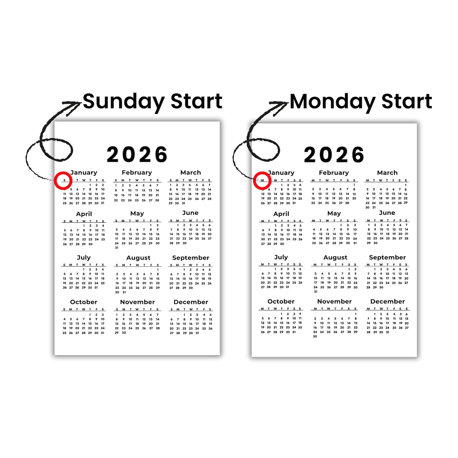 Printable Calendar 2026, One Page Full Year Monday & Sunday Start Wall ...
