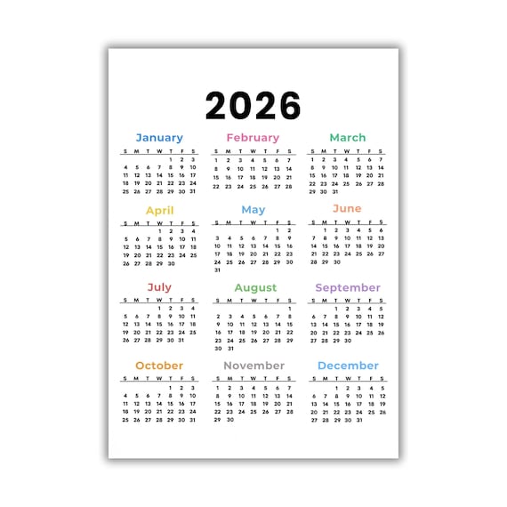 2026 Calendar, Printable One Page Full Year Calendar, Sunday & Monday Start, Instant Download