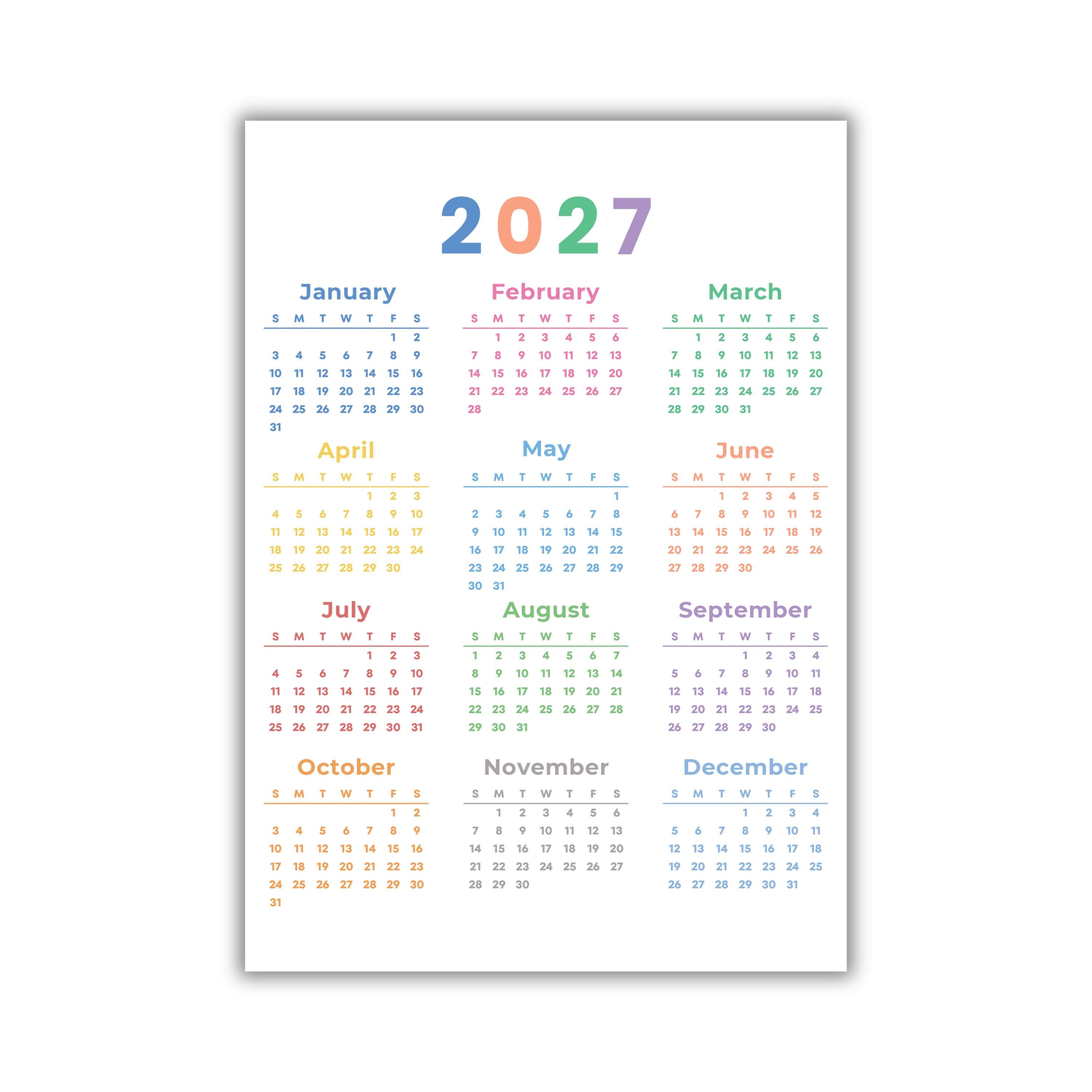 2027 Printable Calendar One Page Full Year at a Glance Wall Calendar