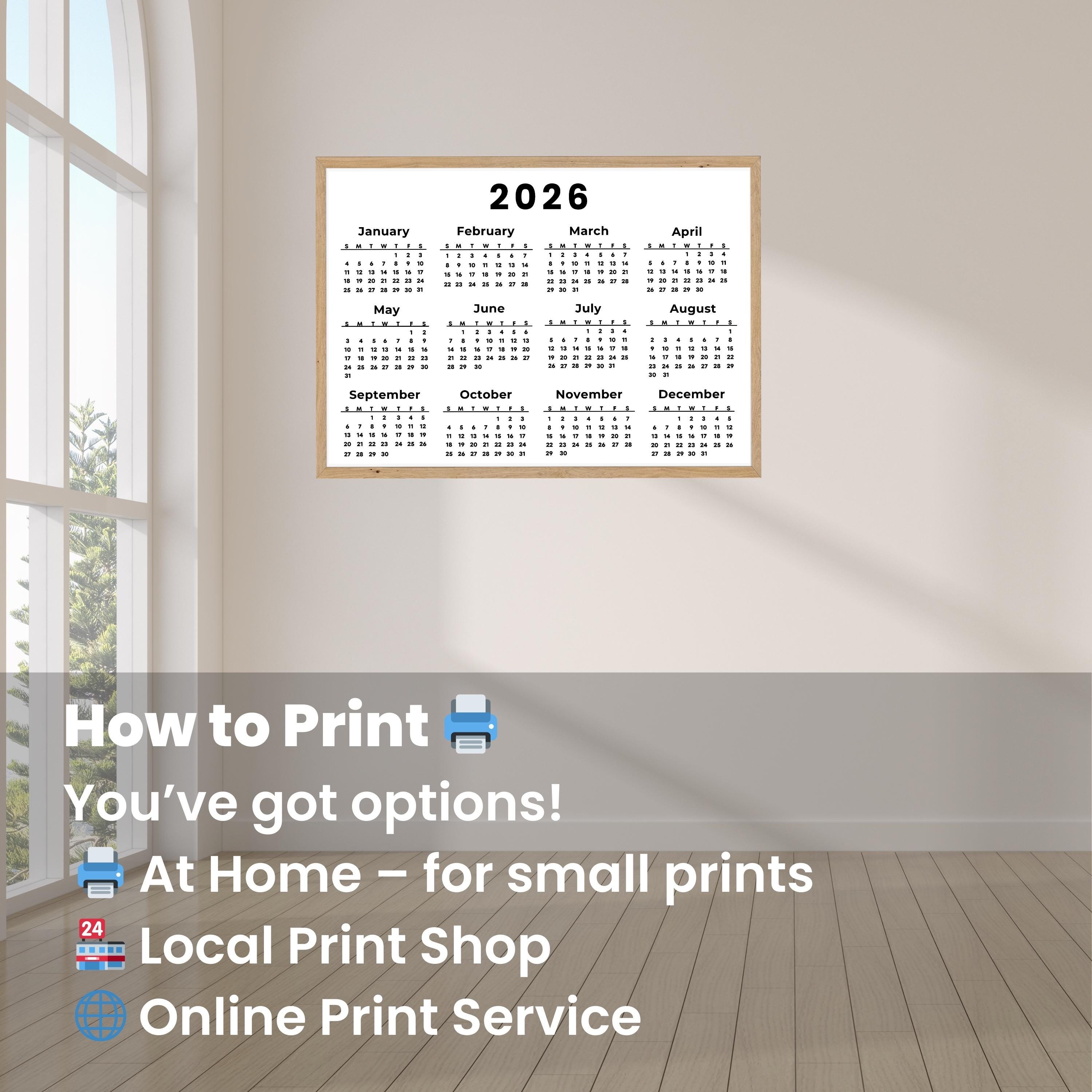 Landscape Calendar 2026 Printable One Page Full Year US Letter A4 A3 A5 ...