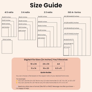 May include: A size guide chart displaying various aspect ratios including 4:5, 3:4, 2:3, and ISO A-Series with specific dimensions in inches. A table lists digital file sizes in inches: 18x24, 24x36, A4, 11x14, 16x20, and 8.5x11 with text instructions.
