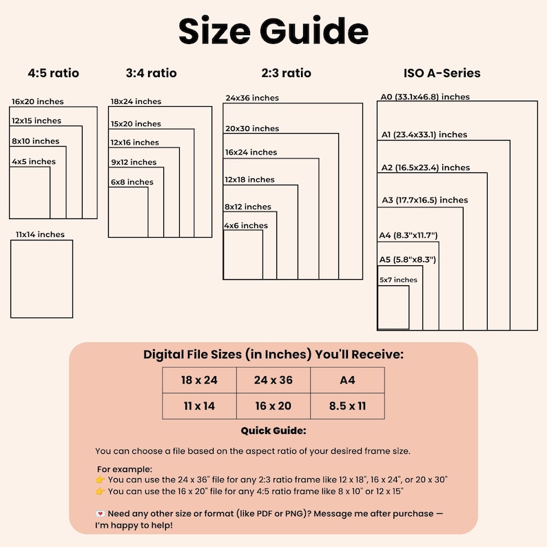 May include: A size guide chart displaying various aspect ratios including 4:5, 3:4, 2:3, and ISO A-Series with specific dimensions in inches. A table lists digital file sizes in inches: 18x24, 24x36, A4, 11x14, 16x20, and 8.5x11 with text instructions.