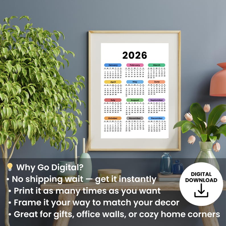 2026 yearly calendar, One Page Full Year Monday & Sunday Start Wall Calendar Instant Download image 10