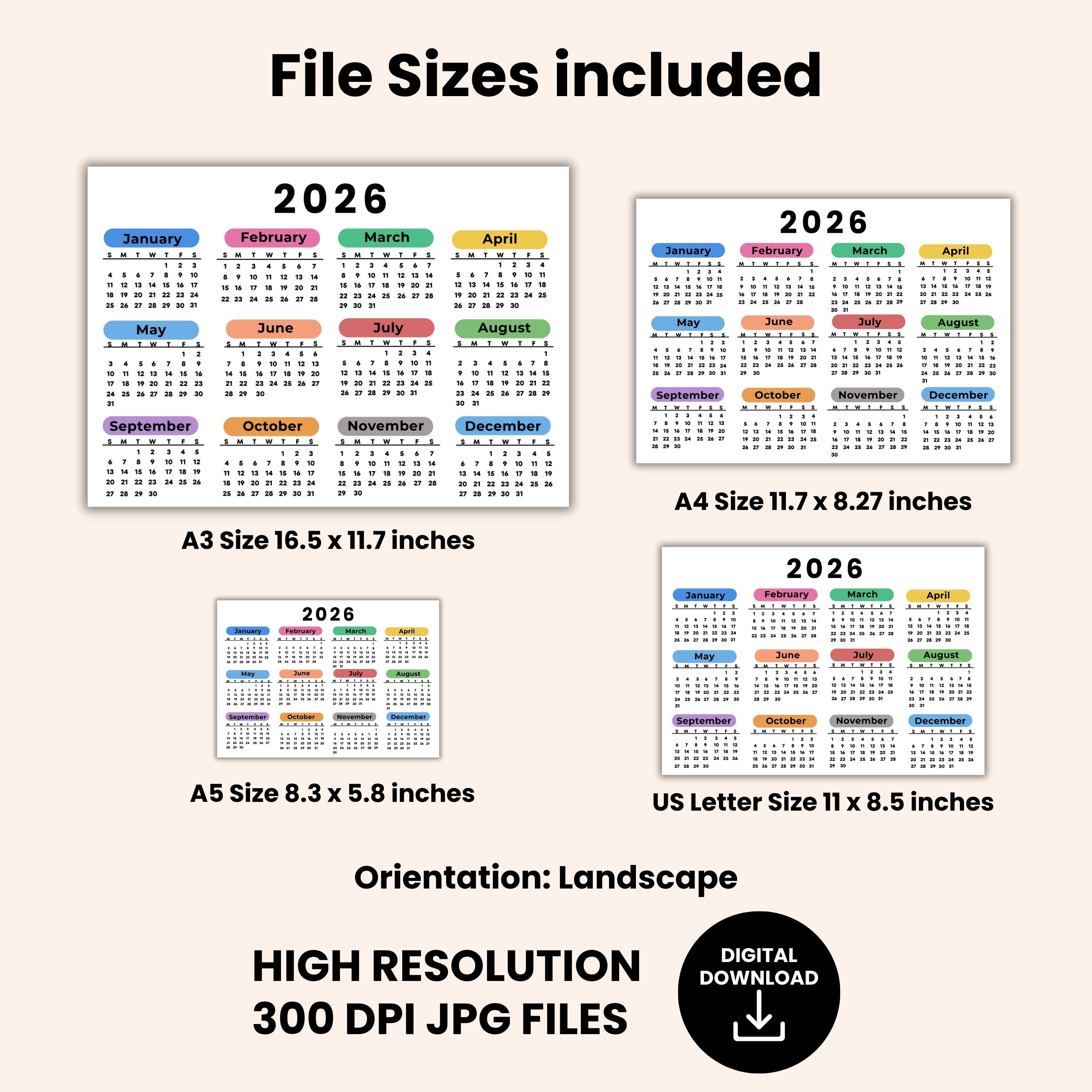 Landscape 2026 Calendar Printable Monday and Sunday Start Calendar A4