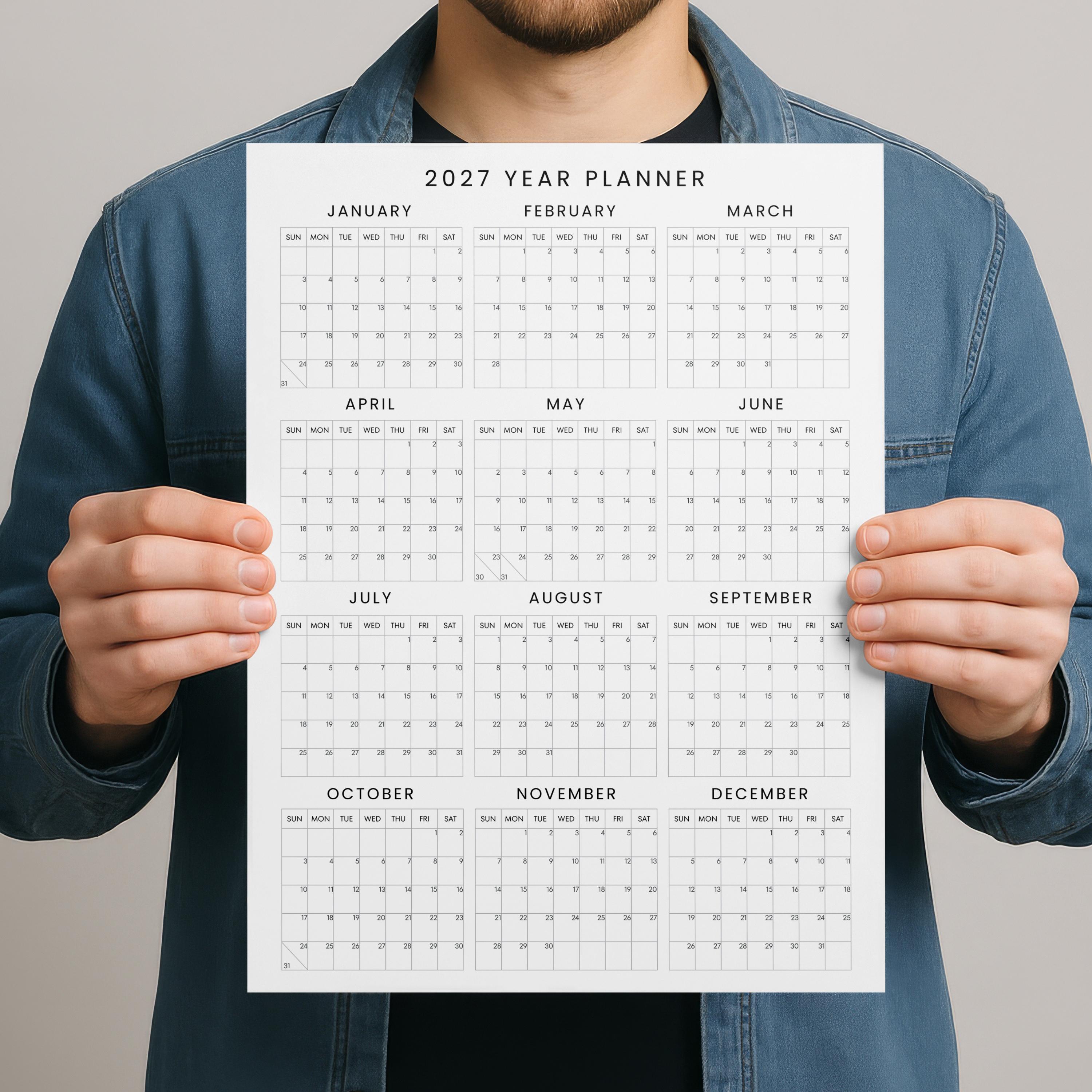 2027 Planner Printable One Page Year at a Glance Large Wall Calendar