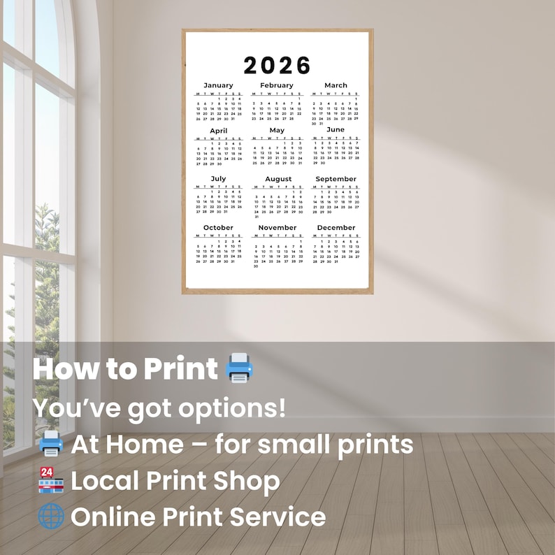 Printable Calendar 2026, One Page Full Year Monday & Sunday Start Wall ...