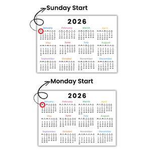 2026 Year at A Glance Wall Calendar, Monday & Sunday Start Printable ...
