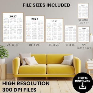 May include: A set of 2027 wall calendars in various sizes including 24" x 36", 18" x 24", 16" x 20", 11" x 14", 8.5" x 11", and A4. Each calendar features a white background with black text for months and dates, and colorful headers.