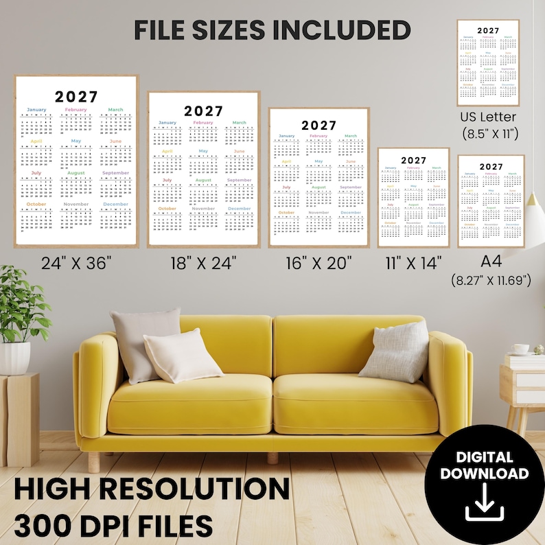 May include: A set of 2027 wall calendars in various sizes including 24" x 36", 18" x 24", 16" x 20", 11" x 14", 8.5" x 11", and A4. Each calendar features a white background with black text for months and dates, and colorful headers.