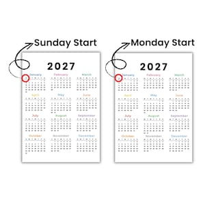 May include: Two 2027 yearly calendars on a white background. The left calendar features a Sunday start, indicated by a red circle around the letter S. The right calendar features a Monday start, indicated by a red circle around the letter M.