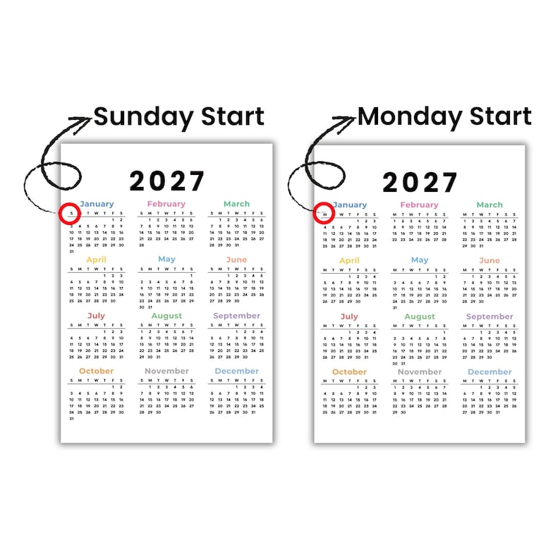 May include: Two 2027 yearly calendars on a white background. The left calendar features a Sunday start, indicated by a red circle around the letter S. The right calendar features a Monday start, indicated by a red circle around the letter M.