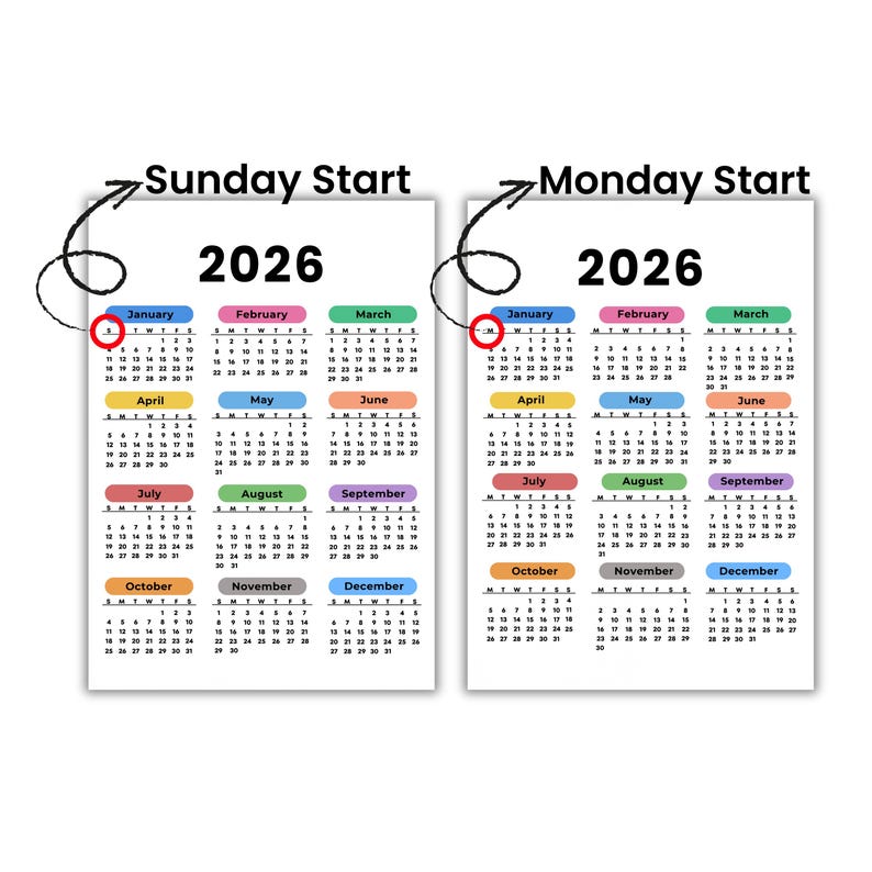 May include: Two 2026 calendars, one starting on Sunday and the other on Monday. Each calendar has a white background with colorful month labels. The text "Sunday Start" and "Monday Start" are above the calendars.