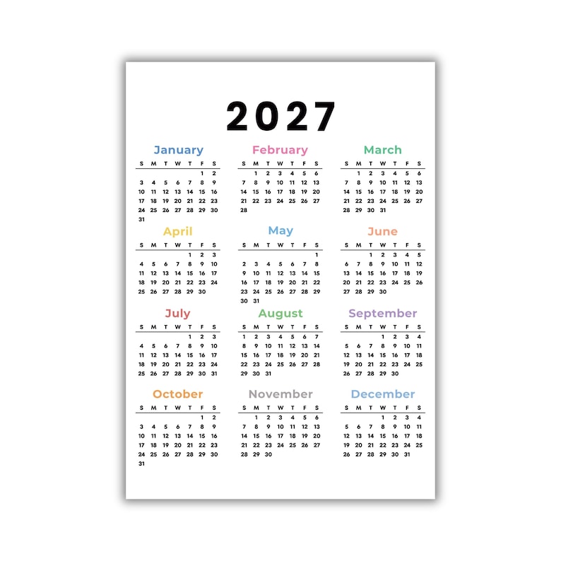 May include: A 2027 wall calendar printed on a white background. The year 2027 is displayed in large black text at the top. Each month is listed with its name in a unique color, followed by a grid of dates organized by days of the week.