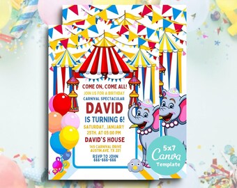 Editable Carnival Circus Birthday Invitation: 5x7 Digital Template