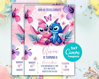 Stitch and Angel födelsedagsinbjudan: Redigerbar festinbjudan (13x18 cm, digital nedladdning)