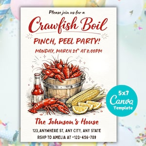 May include: A 5x7 Canva template invitation for a crawfish boil party. The design features a red crawfish, a wooden bucket filled with crawfish, corn on the cob, and lemon slices. The text reads "Pinch, Peel Party!"