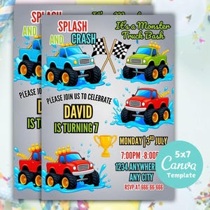 EDITABLE Monster Truck Birthday Invitation, Printable Boys Monster Truck Party Template, Digital Pool Party Evite, Splash and Crash Invite