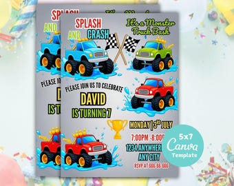 Invitación de cumpleaños editable de Monster Truck: Splash & Crash Party (12,7 x 18,8 cm, descarga digital)