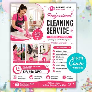 May include: A professional cleaning service flyer template measuring 8.5x11 inches. The design features pink and white accents, text reading Professional Cleaning Service, a list of services, contact information, and images of cleaning tasks.