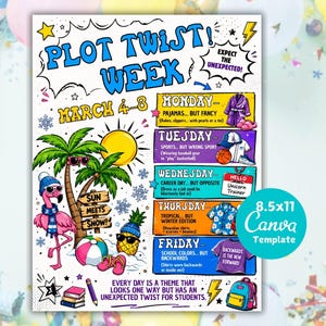 May include: A colorful 8.5x11 Canva template poster with the text "Plot Twist Week" and daily themes for March 4-8. Includes illustrations of a flamingo, pineapple, and various clothing items. The poster encourages students to embrace unexpected twists.