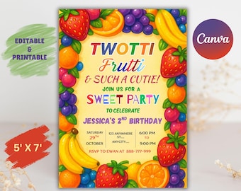 Twotti Frutti Birthday Invitation, Fruit 2nd Birthday, Editable Canva Template (5x7 Inches)