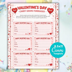 May include: A Valentine's Day Candy Gram fundraiser template. The design features a pink and red color scheme with heart accents. The template includes spaces to write messages and is sized at 8.5x11 inches.